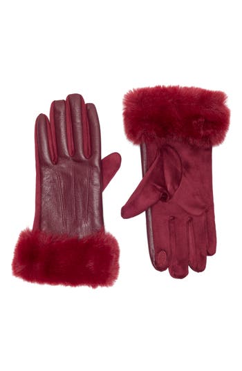 Vince Camuto Faux Fur Cuff Faux Leather Gloves In Burgundy