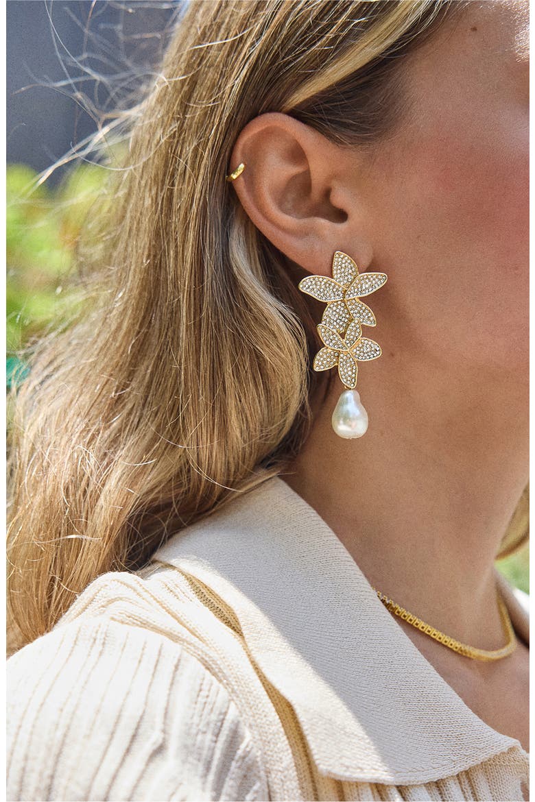 Marissa Floral Faux Pearl Drop Earrings, Alternate, color, GOLD