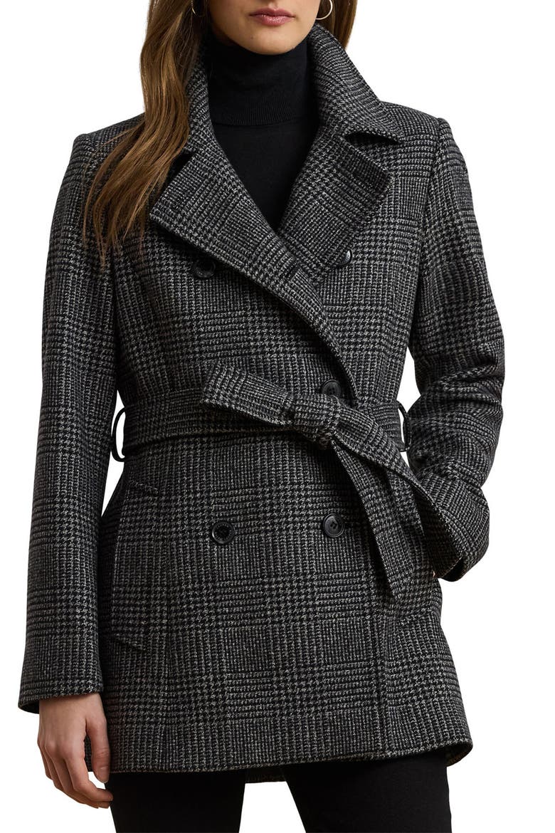 Belted Double Breasted Wool Blend Coat, Main, color, BLACK/ GREY PLAID