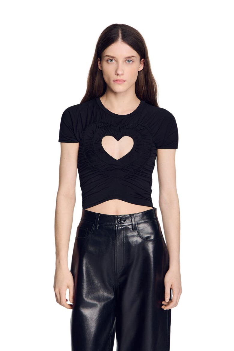 Ruched heart cropped T-shirt, Main, color, Black