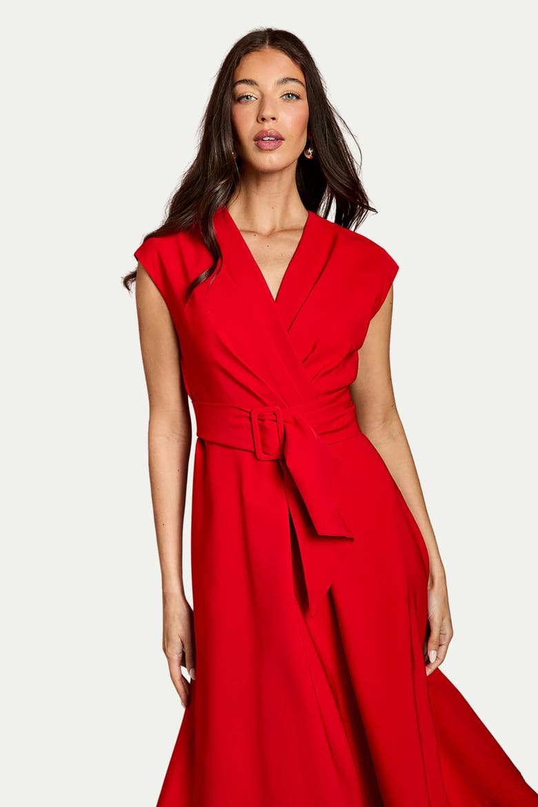 Belted Crepe Dress, Alternate, color, Flame Red