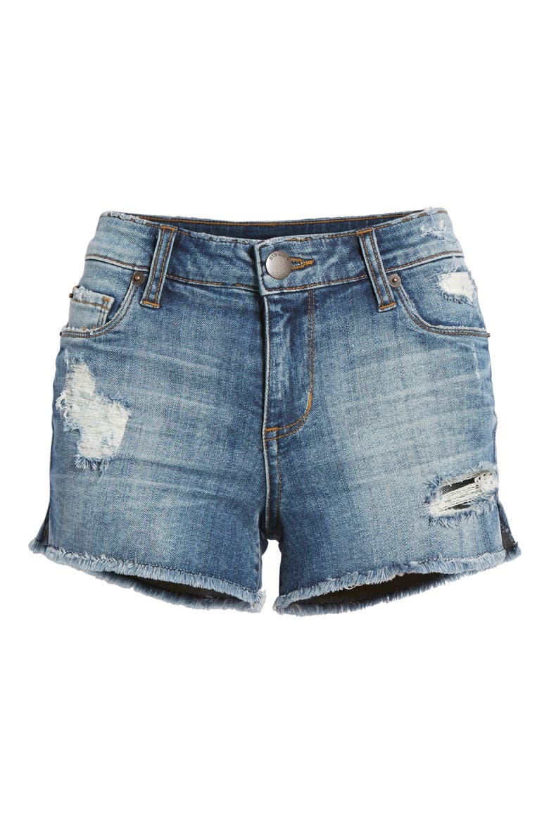 Boyfriend Distressed Denim Shorts, Alternate, color, CLEMSON