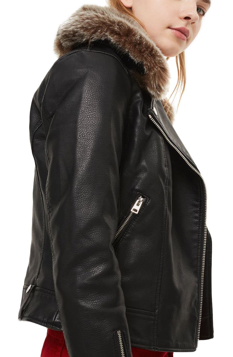 Topshop Rayne Faux Fur Trim Biker Jacket, Alternate, color, 