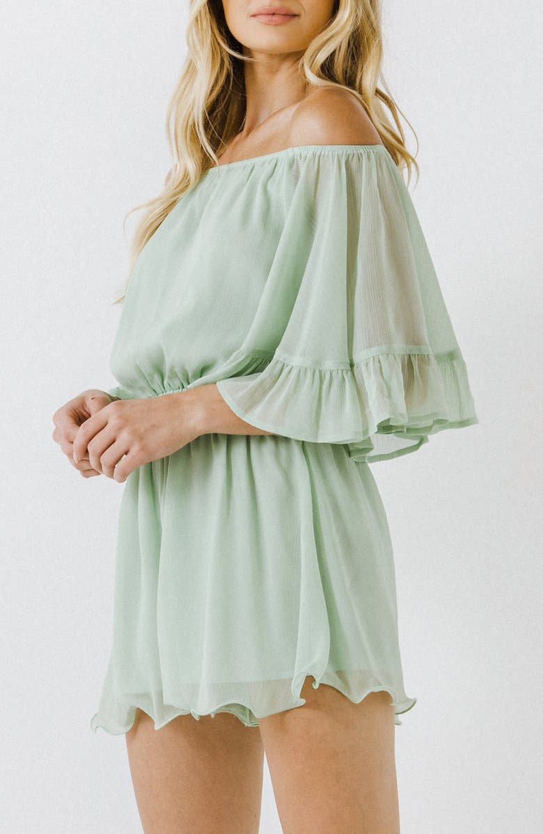 Endless Rose Off the Shoulder Ruffle Sleeve Romper, Alternate, color, Mint