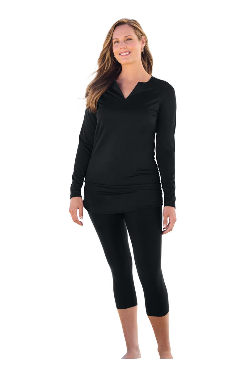 Swim 365 Split-Neck Long Sleeve Swim Tee with Built-In Bra, Main, color, Black