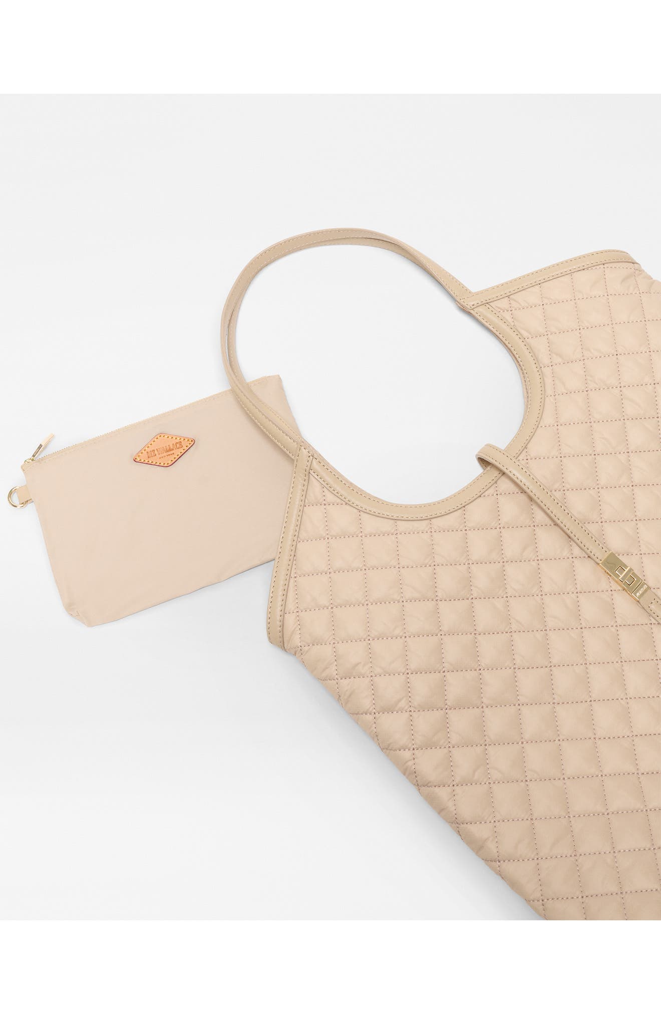 Large Astor Leather Trim Quilted Nylon Tote, Alternate, color, SAND