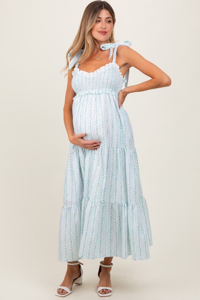 Floral Striped Smocked Shoulder Tie Maxi Dress, Alternate, color, Blue