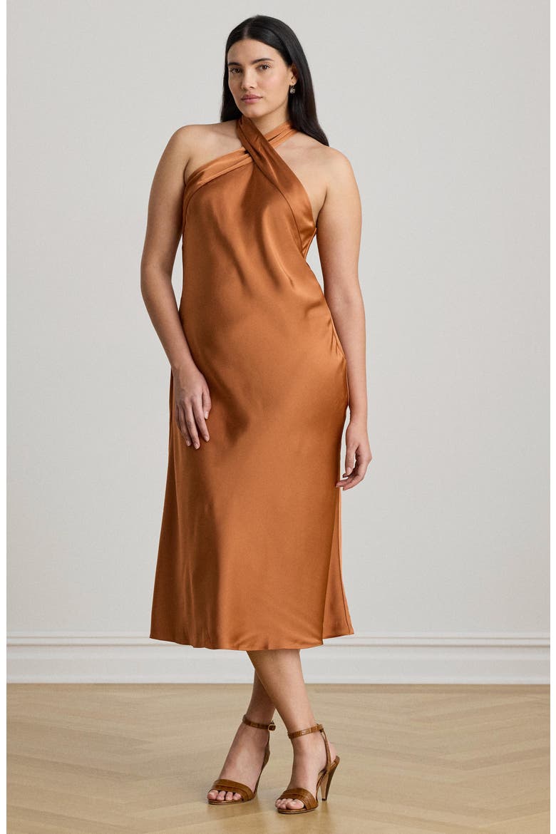Tie Back Charmeuse Halter Neck Cocktail Dress, Alternate, color, RED TERRACOTTA