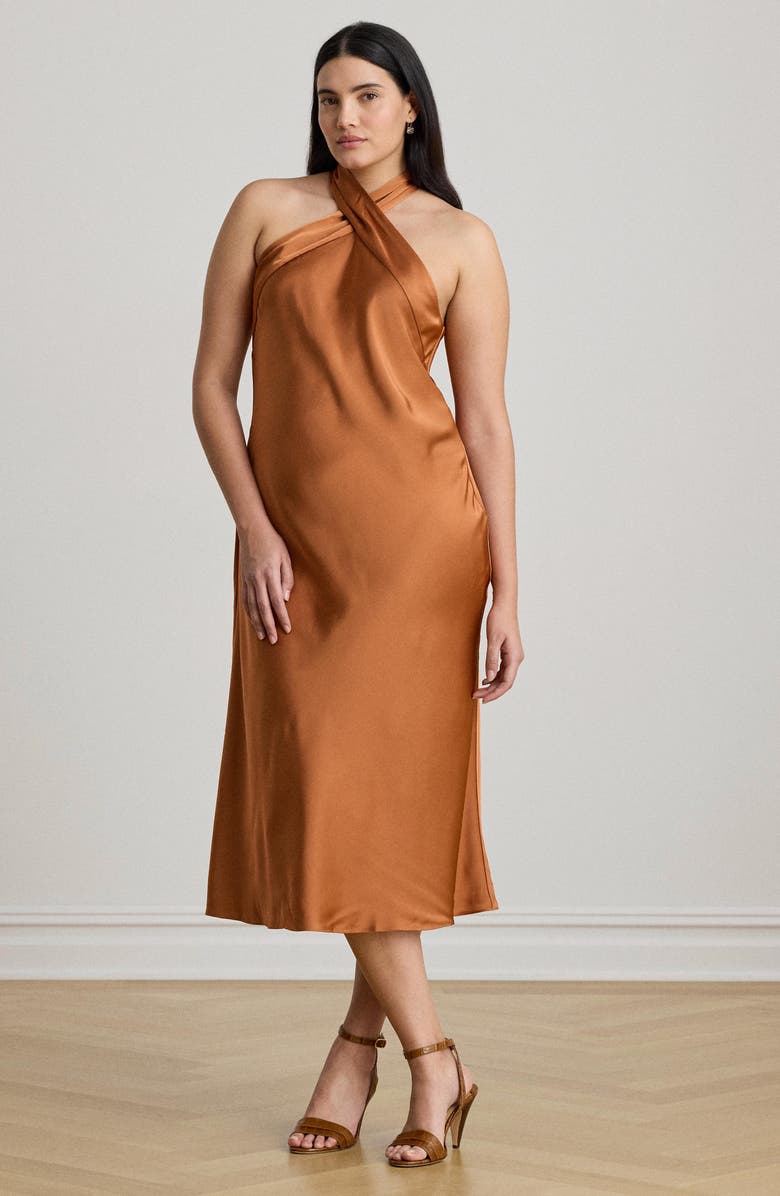 Lauren Ralph Lauren Tie Back Charmeuse Halter Neck Cocktail Dress, Alternate, color, Red Terracotta