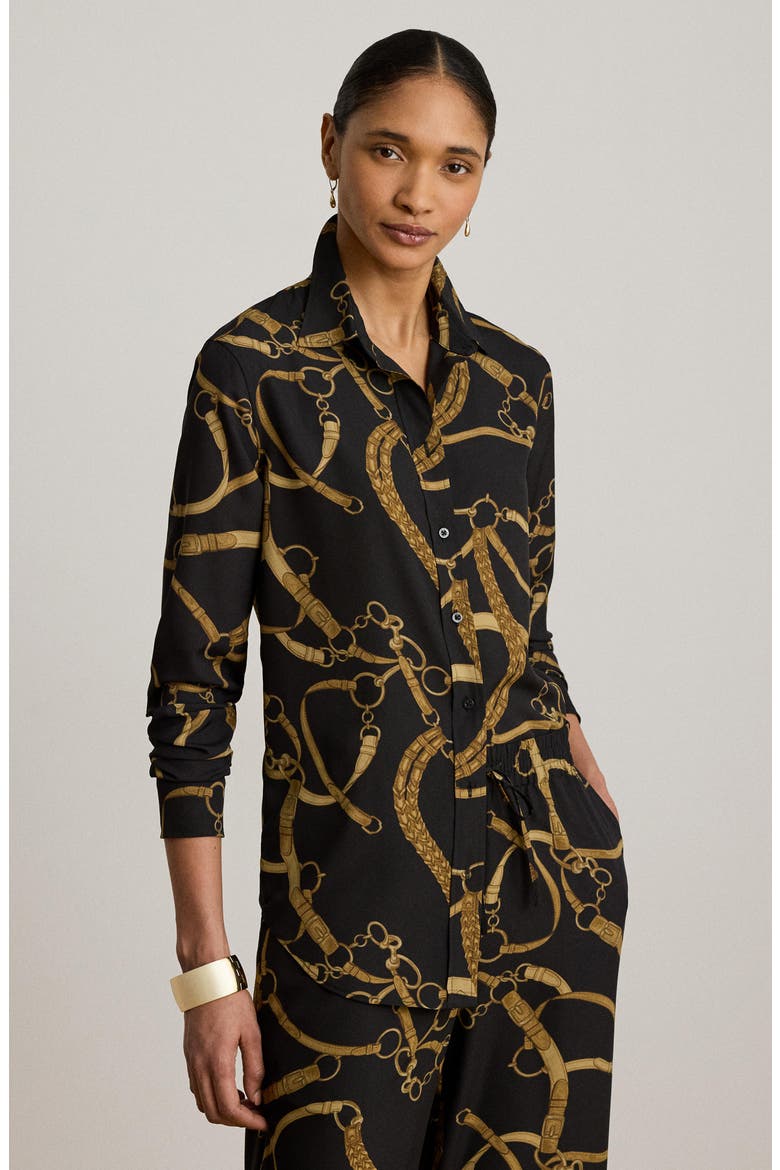 Belting Print Crêpe de Chine Button-Up Shirt, Alternate, color, BLACK/ MULTI