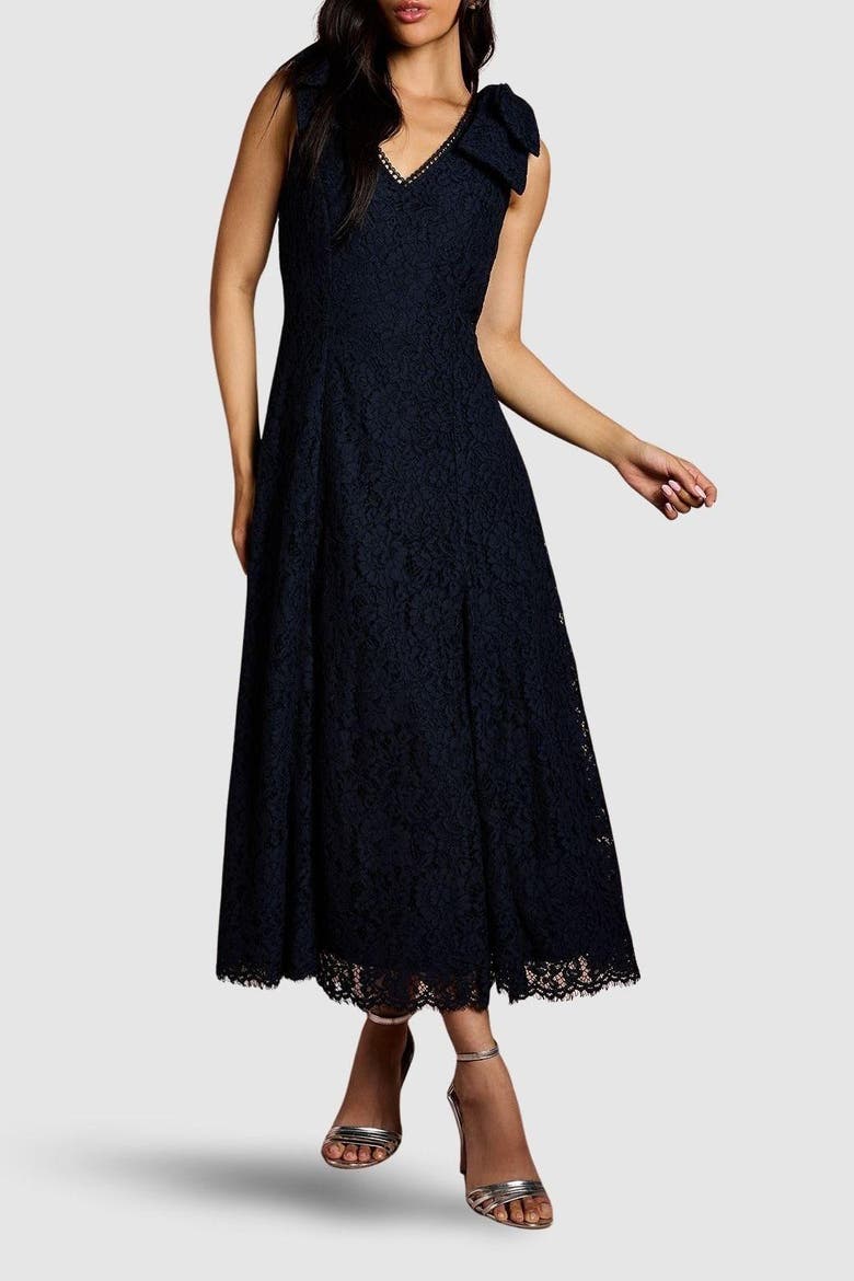Bow Shoulder V Neck Lace Midi Dress, Alternate, color, Navy
