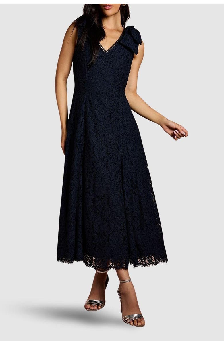 Coast Bow Shoulder V Neck Lace Midi Dress, Alternate, color, Navy