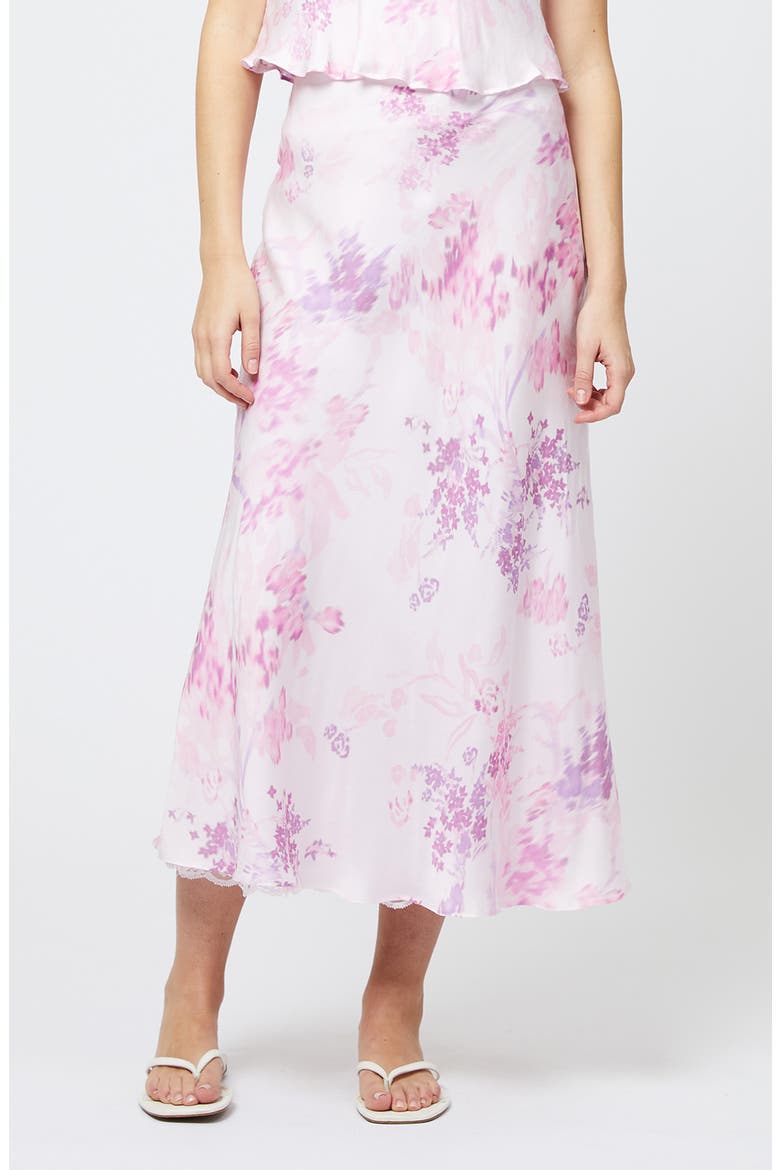 Elyria Floral Print Satin Midi Skirt, Main, color, SWEET PINK MULTI