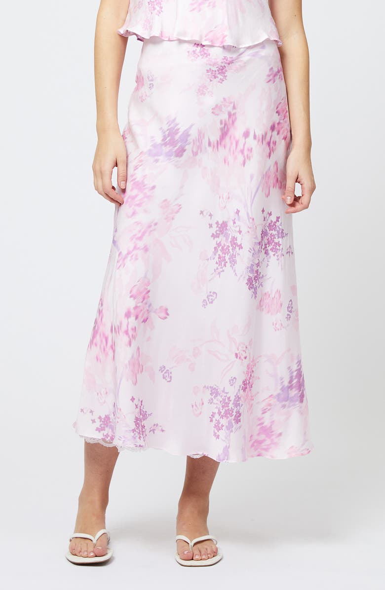 French Connection Elyria Floral Print Satin Midi Skirt, Main, color, Sweet Pink Multi