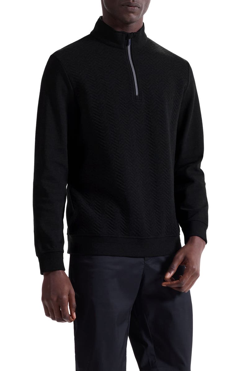 Bugatchi Chevron Quarter Zip Cotton Blend Pullover, Main, color, Black
