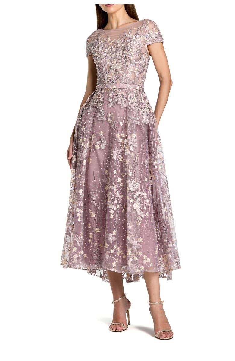 Mac Duggal Embroidered Cap Sleeve High Neck Midi Dress, Main, color, Vintage Lilac