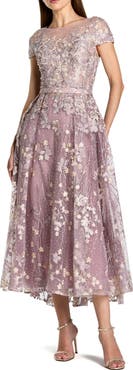 Mac Duggal Embroidered Cap Sleeve High Neck Midi Dress