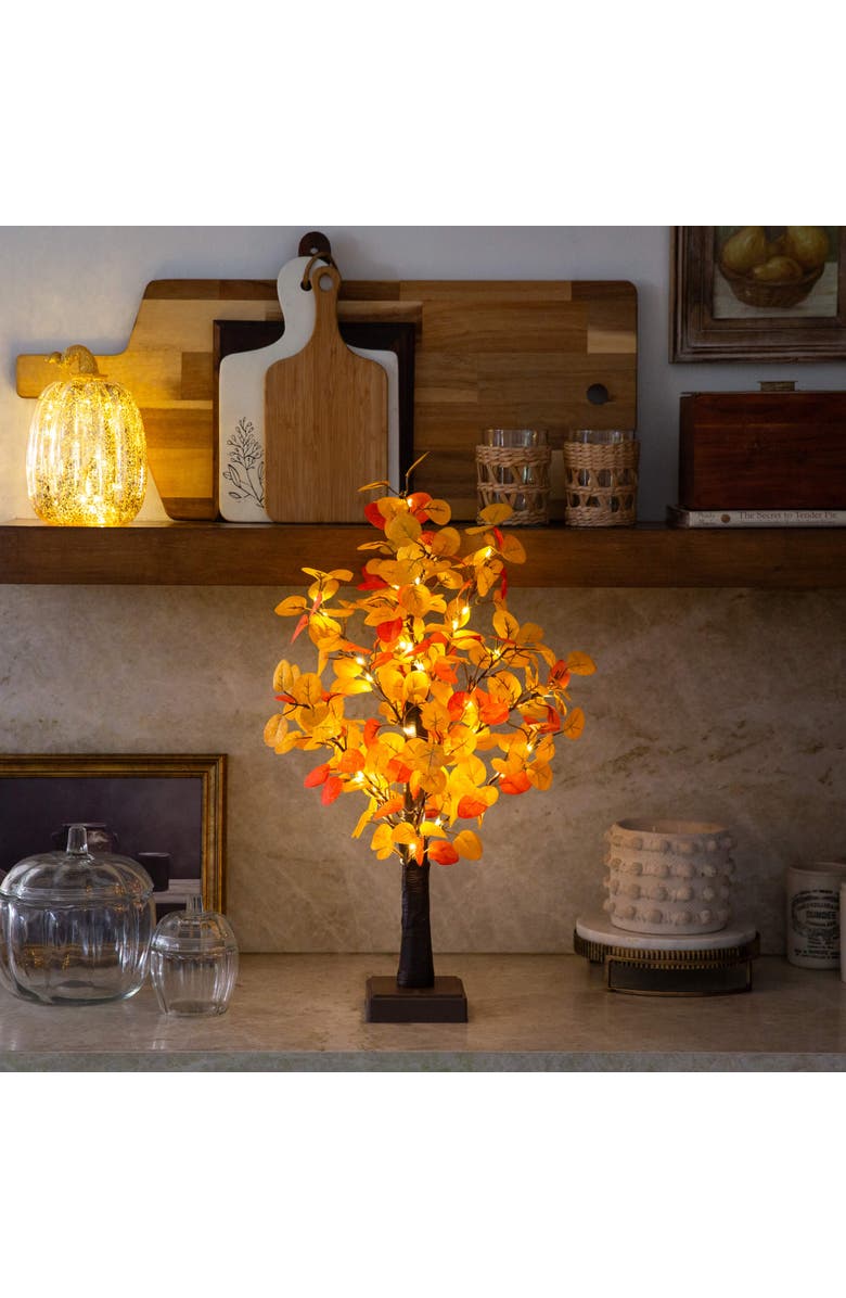 NEARLY NATURAL 21-in Pre-Lit Bright Autumn Eucalyptus Artificial Fall Tree with 50 Warm White LED Lights and Detachable Base, Alternate, color, Orange