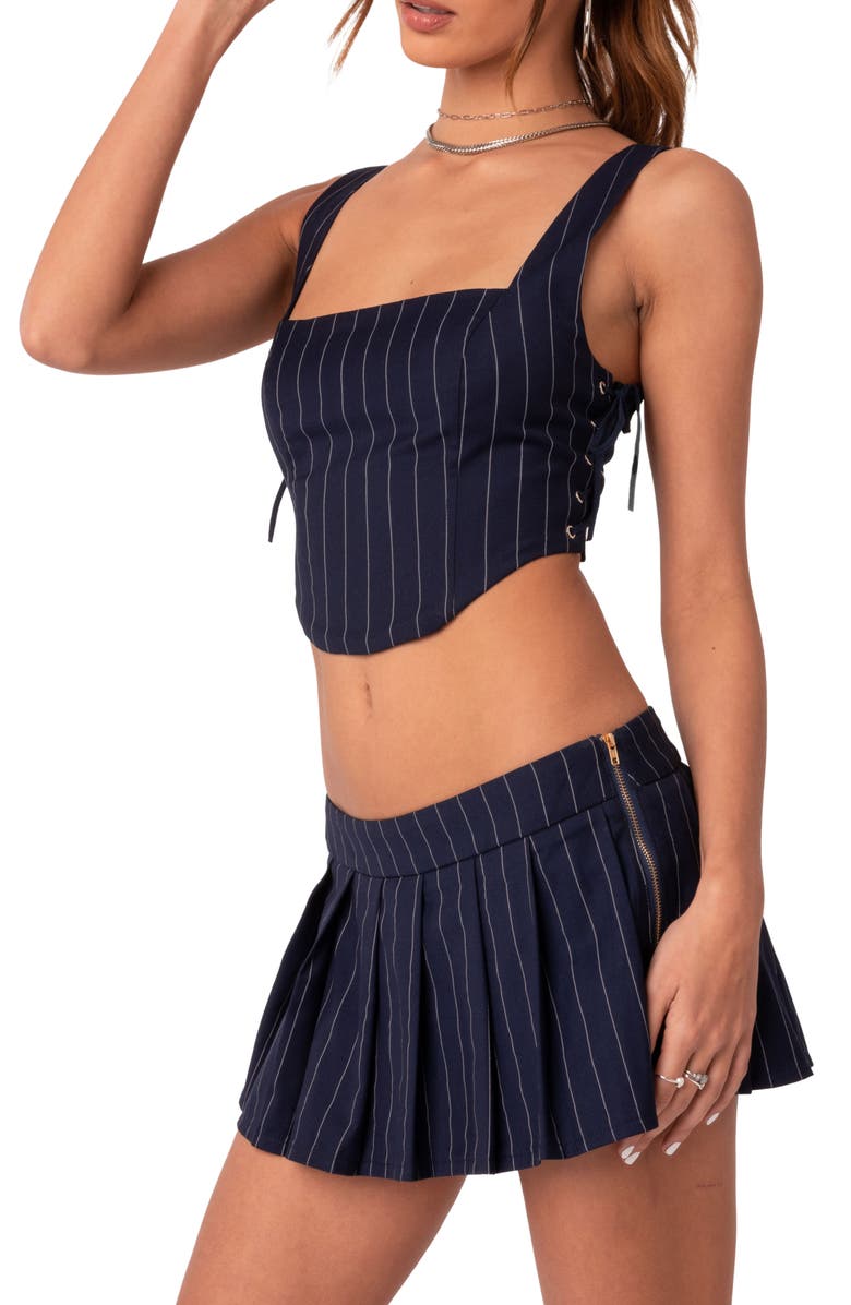 EDIKTED Pinstripe Side Lace-Up Corset Crop Top, Alternate, color,