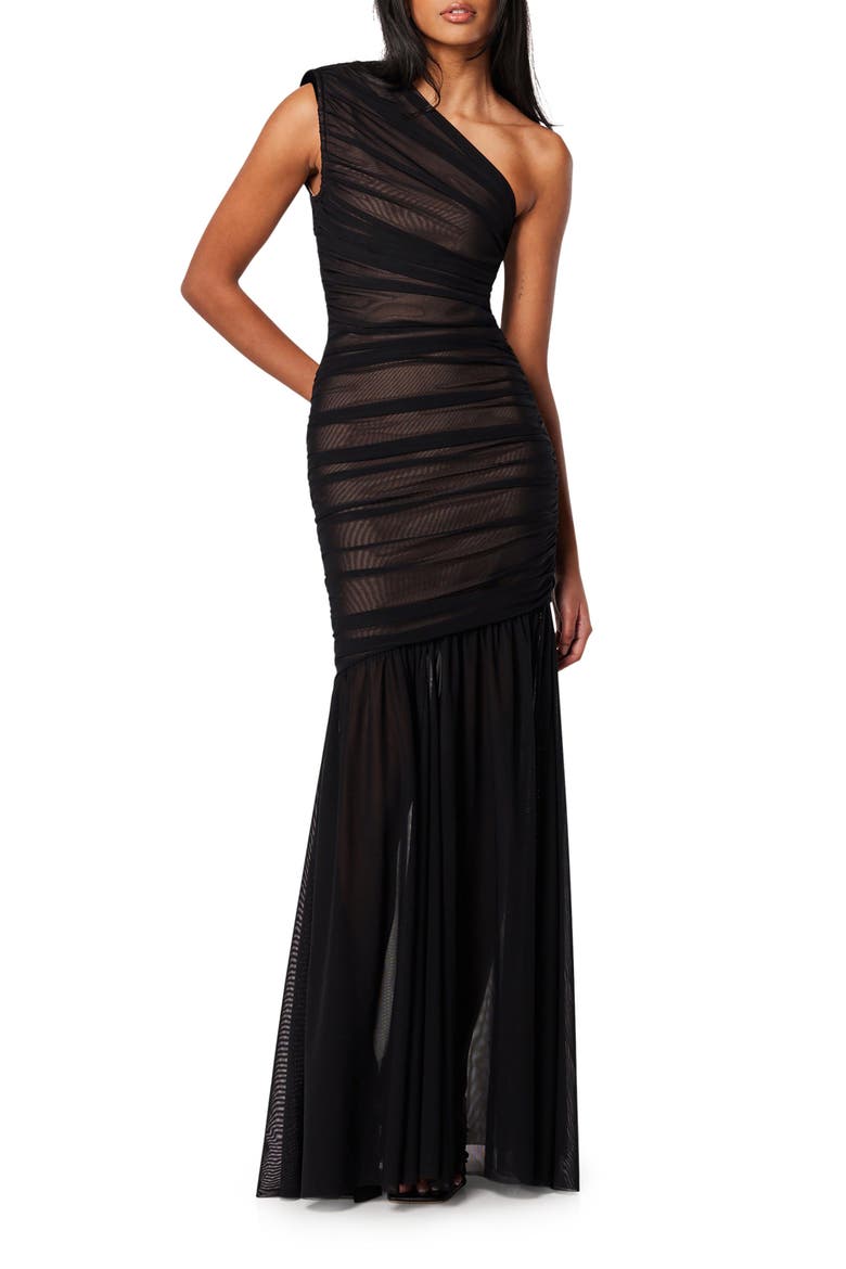 Vienna Ruched One-Shoulder Gown, Main, color, BLACK