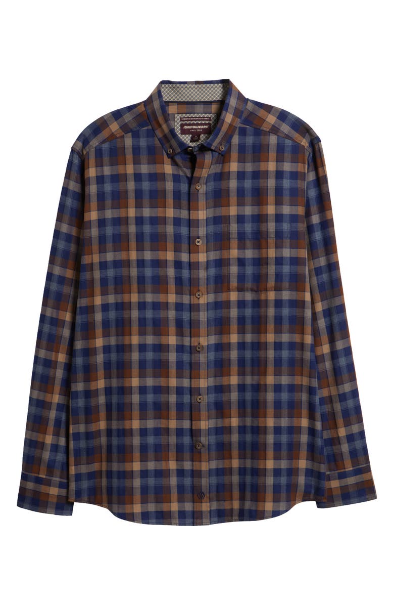 Johnston & Murphy Heather Plaid Button-Down Shirt, Alternate, color, Navy/ Brown Large Plaid