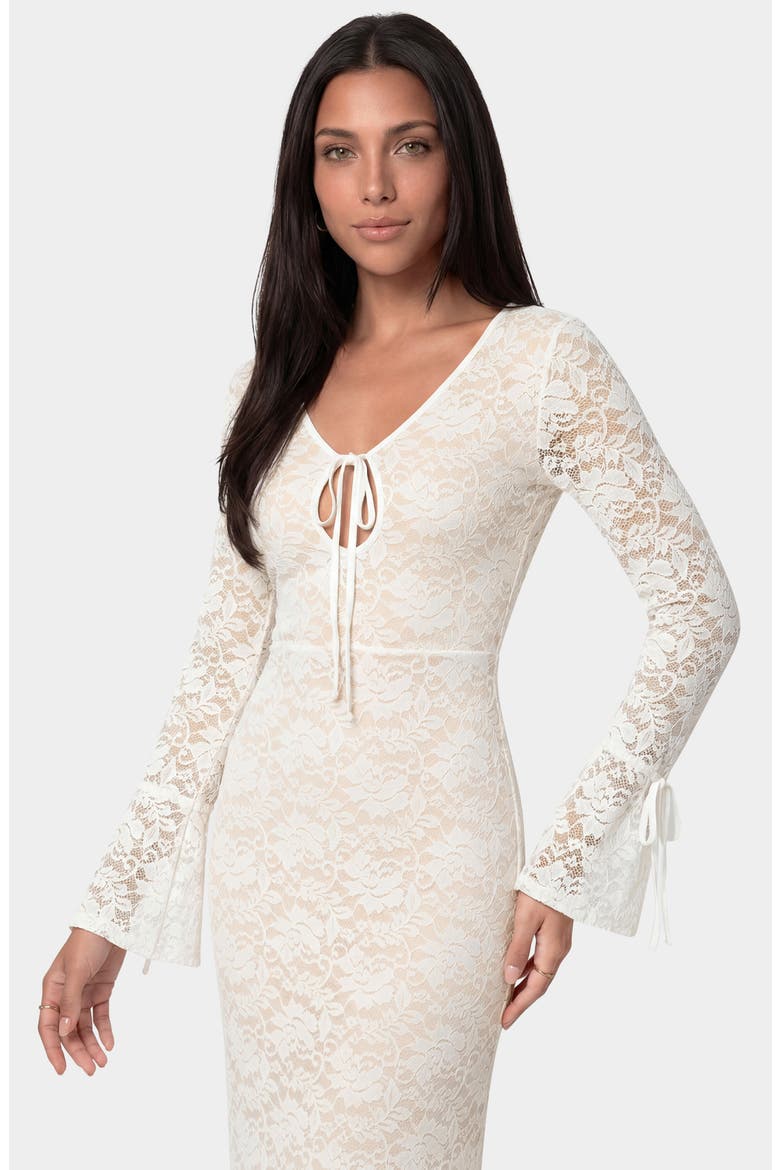Lace Keyhole Long Sleeve Midi Dress, Alternate, color, BEIGE WHITE