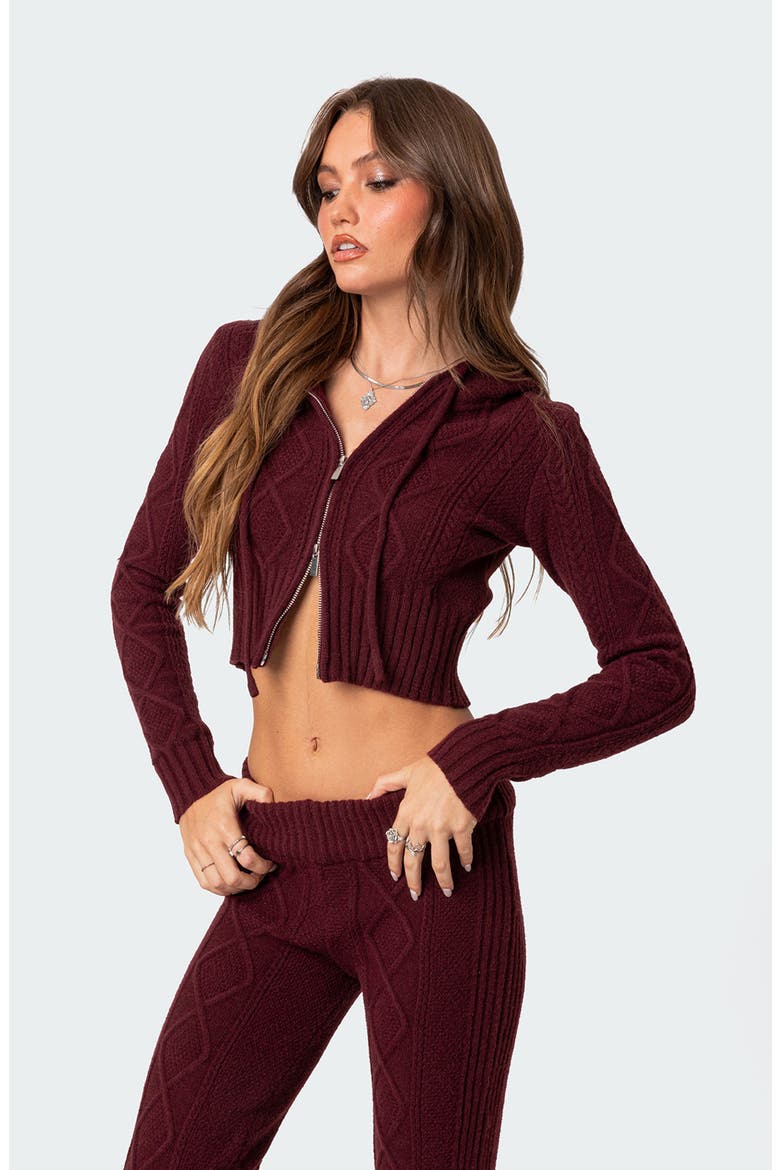 Ray Cable Knit Hooded Crop Cardigan, Alternate, color, BURGUNDY
