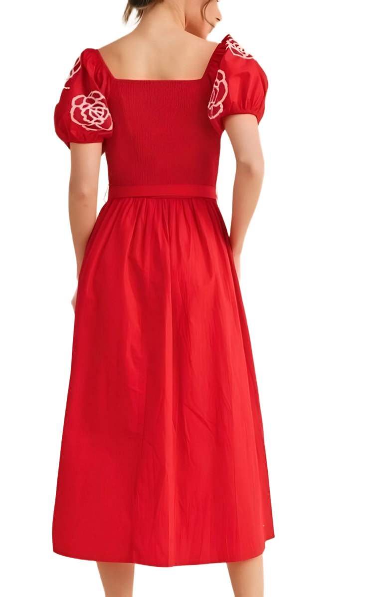 Knit and Lounge Puff Sleeve Smocked Bodice Midi Dress, Alternate, color, Red