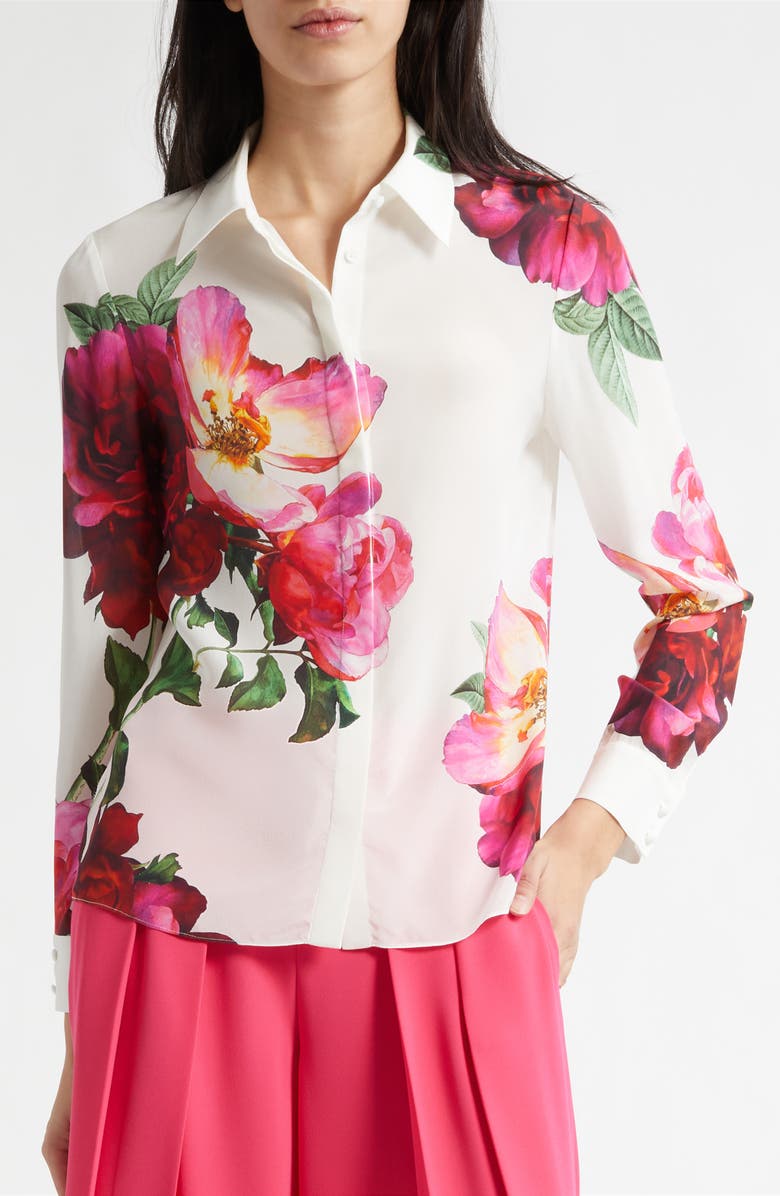 Alice + Olivia Willa Floral Silk Button-Up Shirt, Alternate, color, 