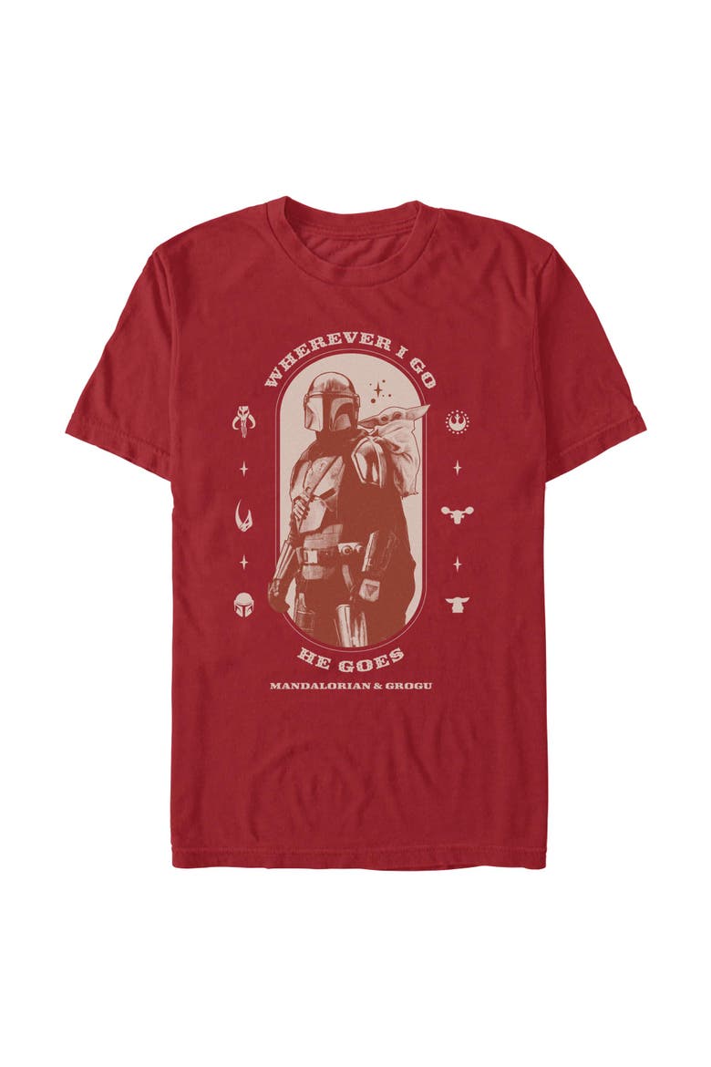 Mens Star Wars The Mandalorian and Grogu Wherever I Go He Goes Logo T Shirt, Main, color, Cardinal