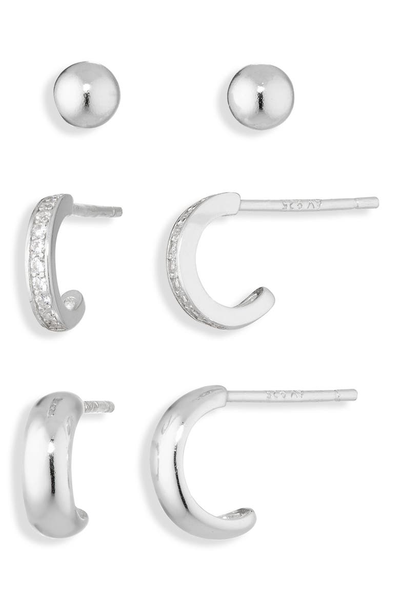 Pack of 3 Assorted Stud & Hoop Earrings, Alternate, color, SILVER