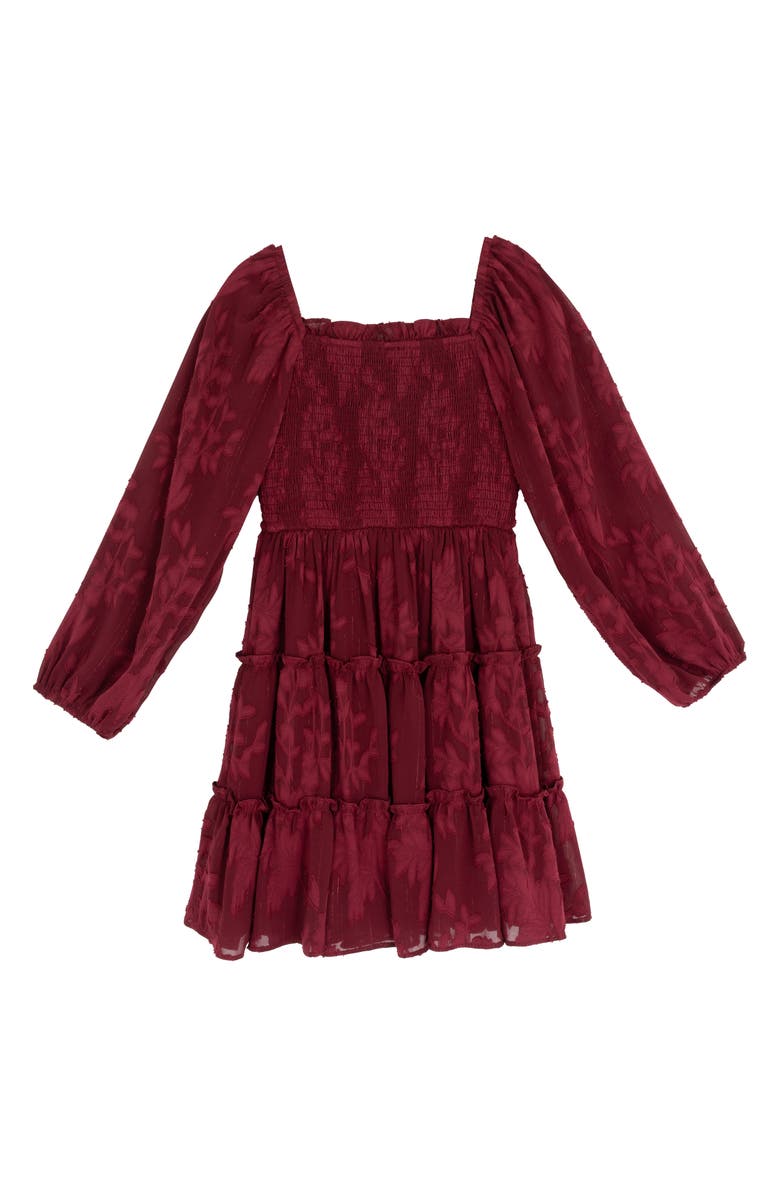 Rare Editions Kids' Burnout Chiffon Long Sleeve Dress, Alternate, color, Burgundy
