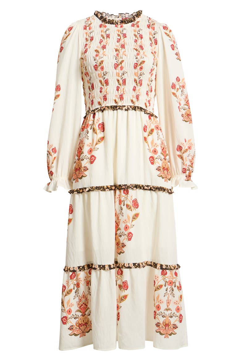 Long Sleeve Smocked Midi Dress, Main, color, BEIGE MULTI