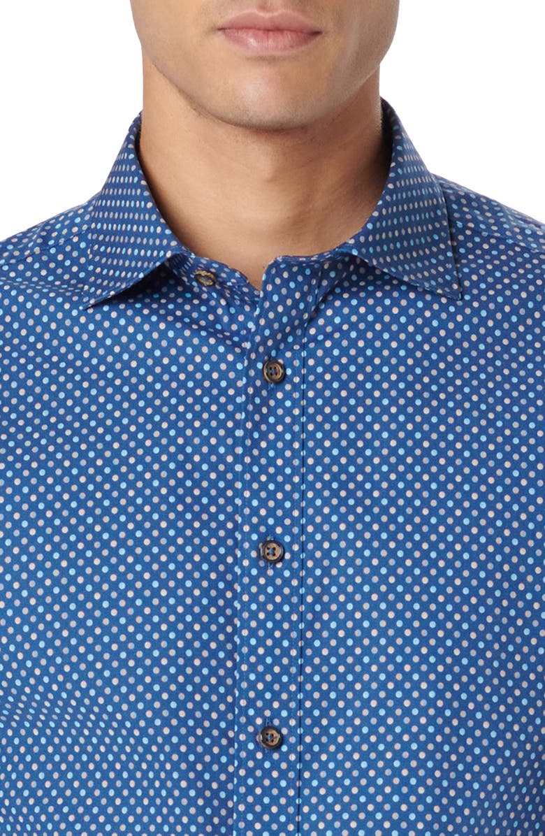 Bugatchi Axel Shaped Fit Dot Print Stretch Cotton Button-Up Shirt, Alternate, color, Navy
