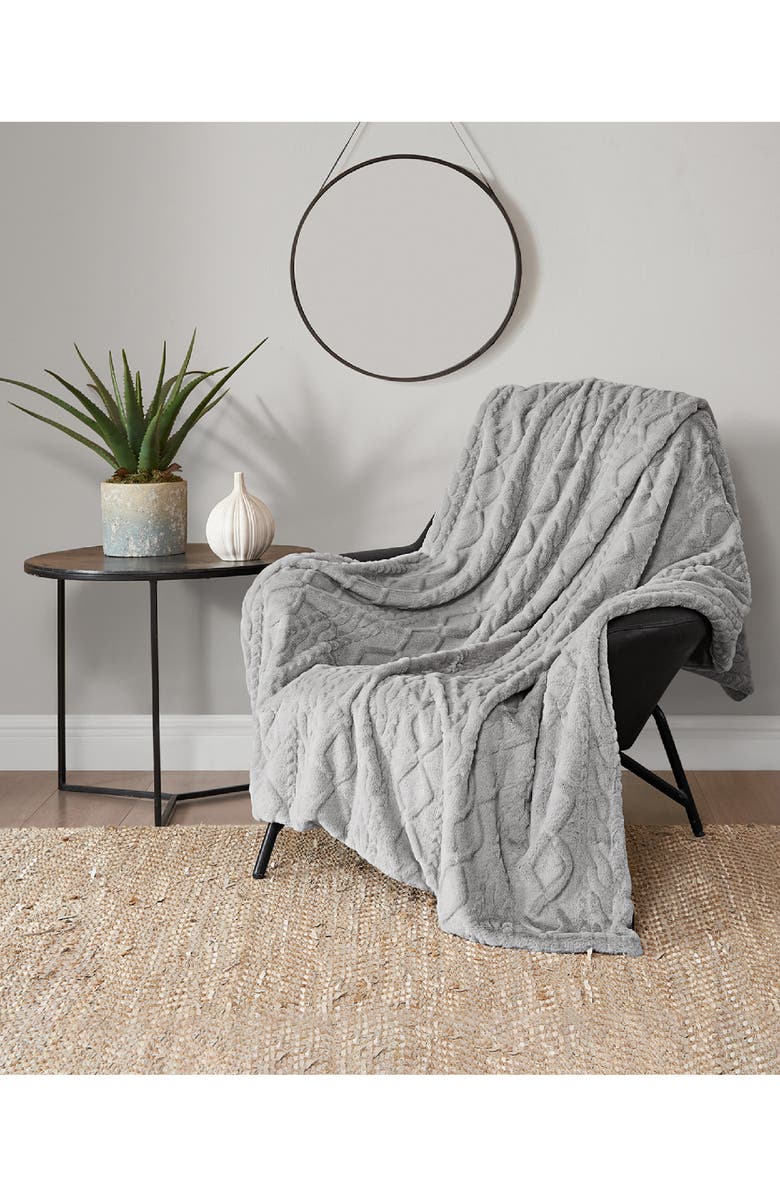 Lucky Brand Cable Knit Faux Fur Throw, Alternate, color, Gray