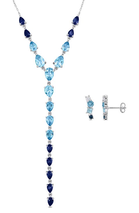 Blue Topaz Stud Earrings & Y-Necklace Set