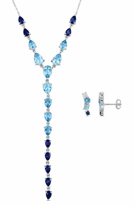 DELMAR Blue Topaz Stud Earrings & Y-Necklace Set
