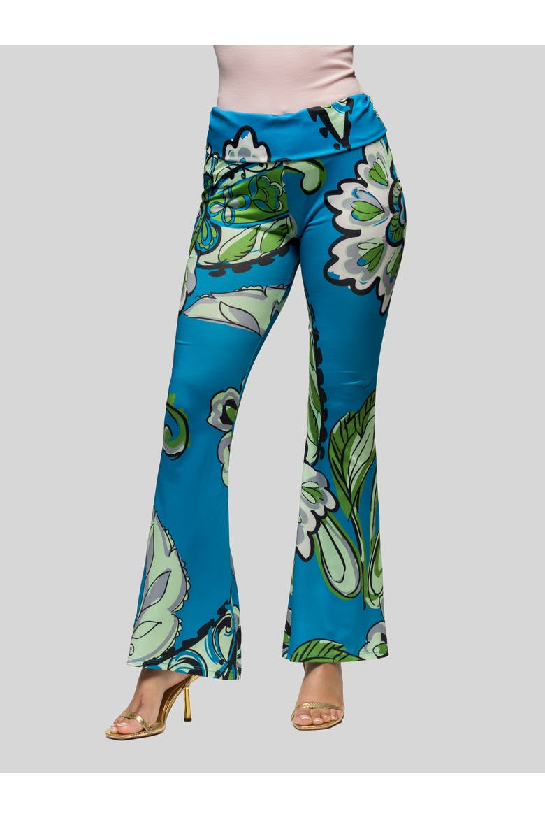 Teal Paisley Print Bell Bottom Foldover Waist Pants, Main, color, Blue Multi