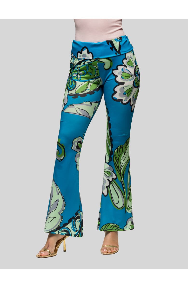 24seven Comfort Apparel Teal Paisley Print Bell Bottom Foldover Waist Pants, Main, color, Blue Multi