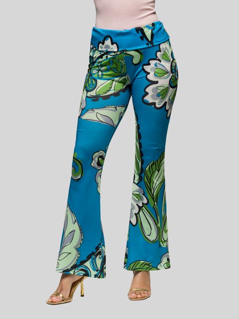 Teal Paisley Print Bell Bottom Foldover Waist Pants