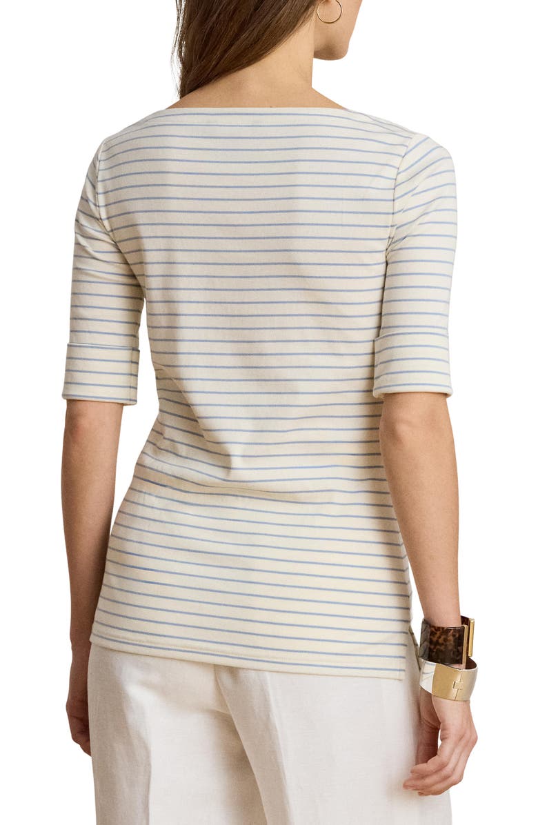 Lauren Ralph Lauren Stripe Stretch Cotton Boatneck Top, Alternate, color, Cream/ Dusty Sky