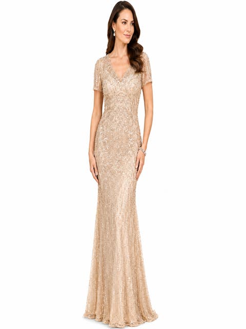 Short Sleeve Sheath Beaded Gown