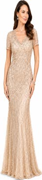 LARA New York Short Sleeve Sheath Beaded Gown