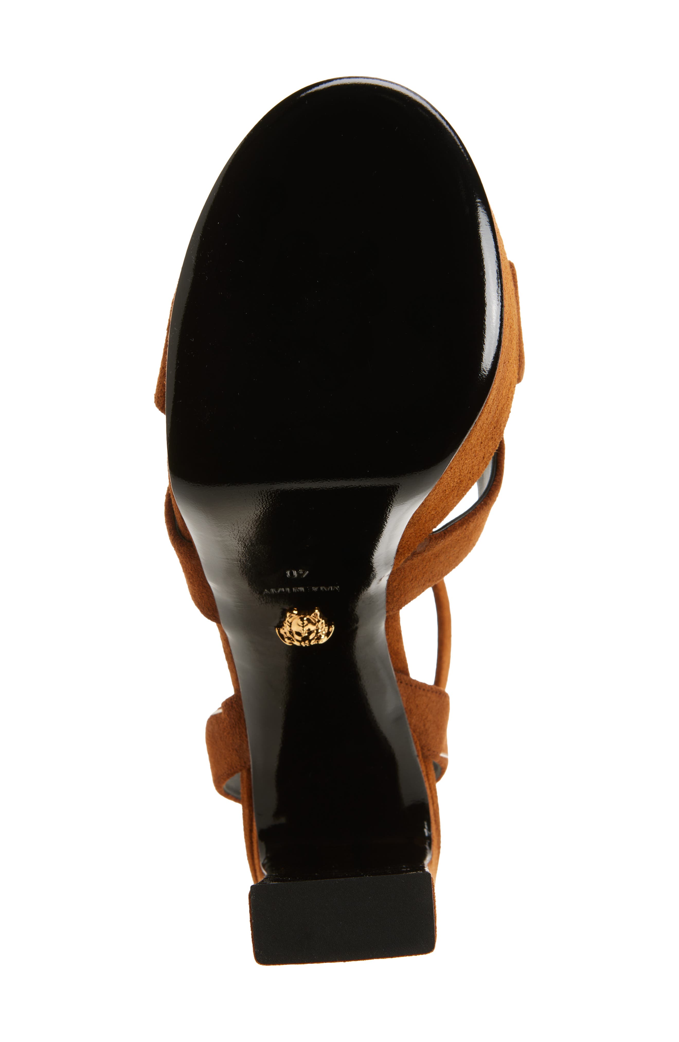 Versace Gianni Ribbon Suede Platform Sandal, Alternate, color, Spice Brown-Versace Gold