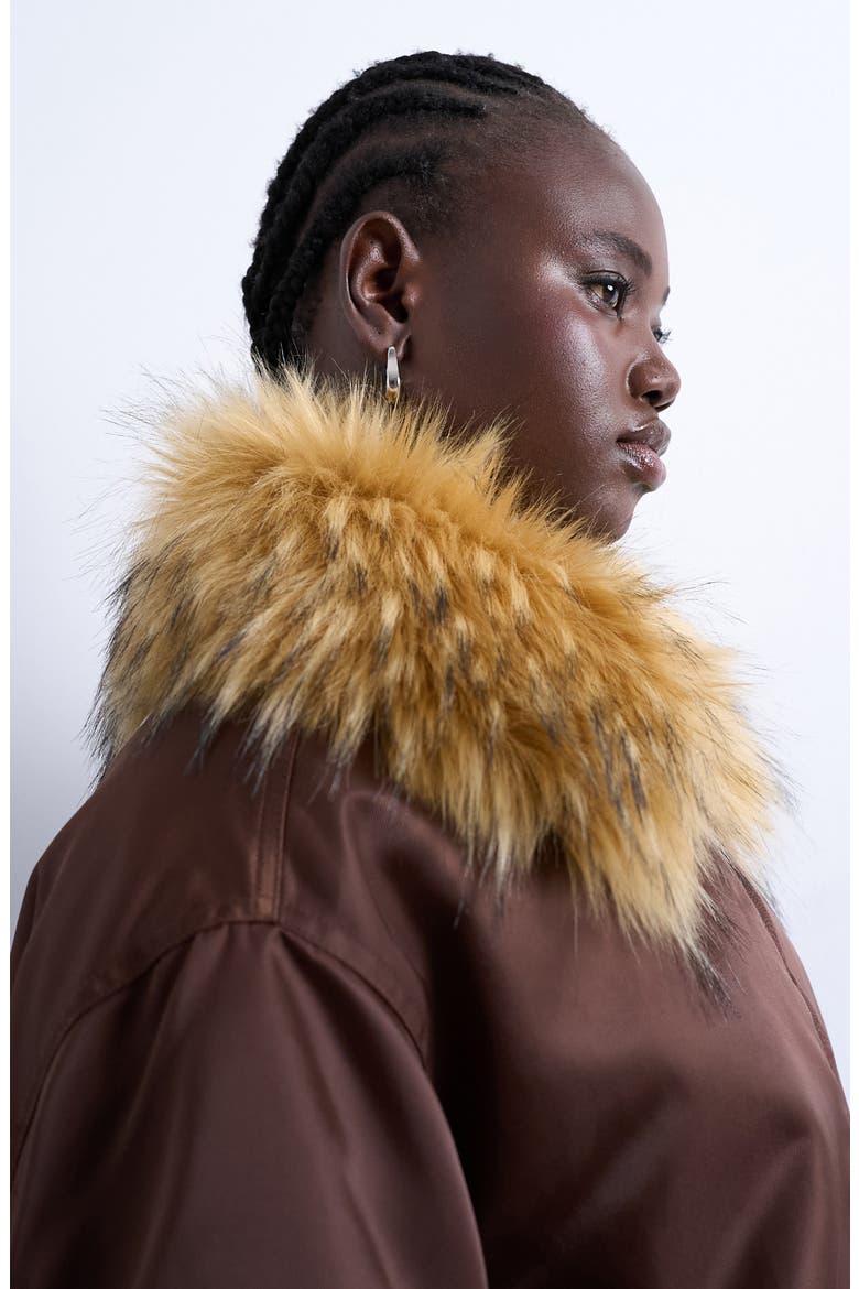 Nylon Bomber Jacket with Faux Fur Collar, Alternate, color, BROWN