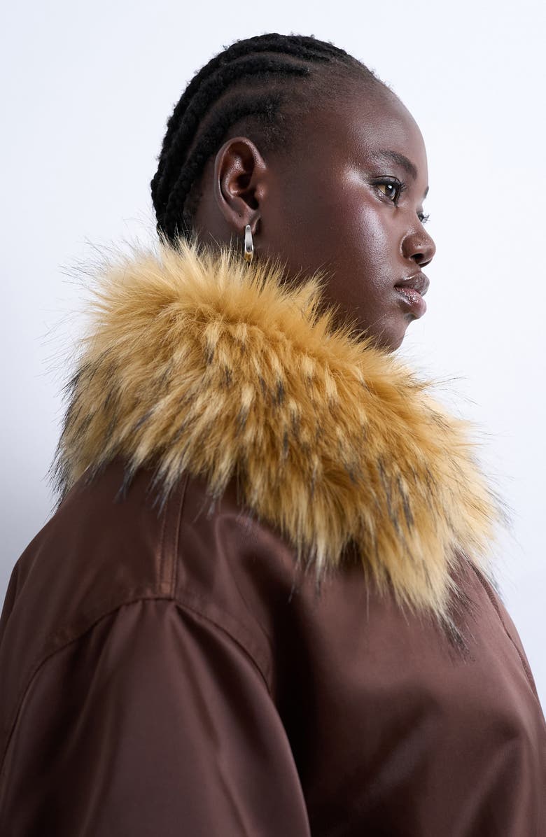 Topshop Nylon Bomber Jacket with Faux Fur Collar, Alternate, color, Brown