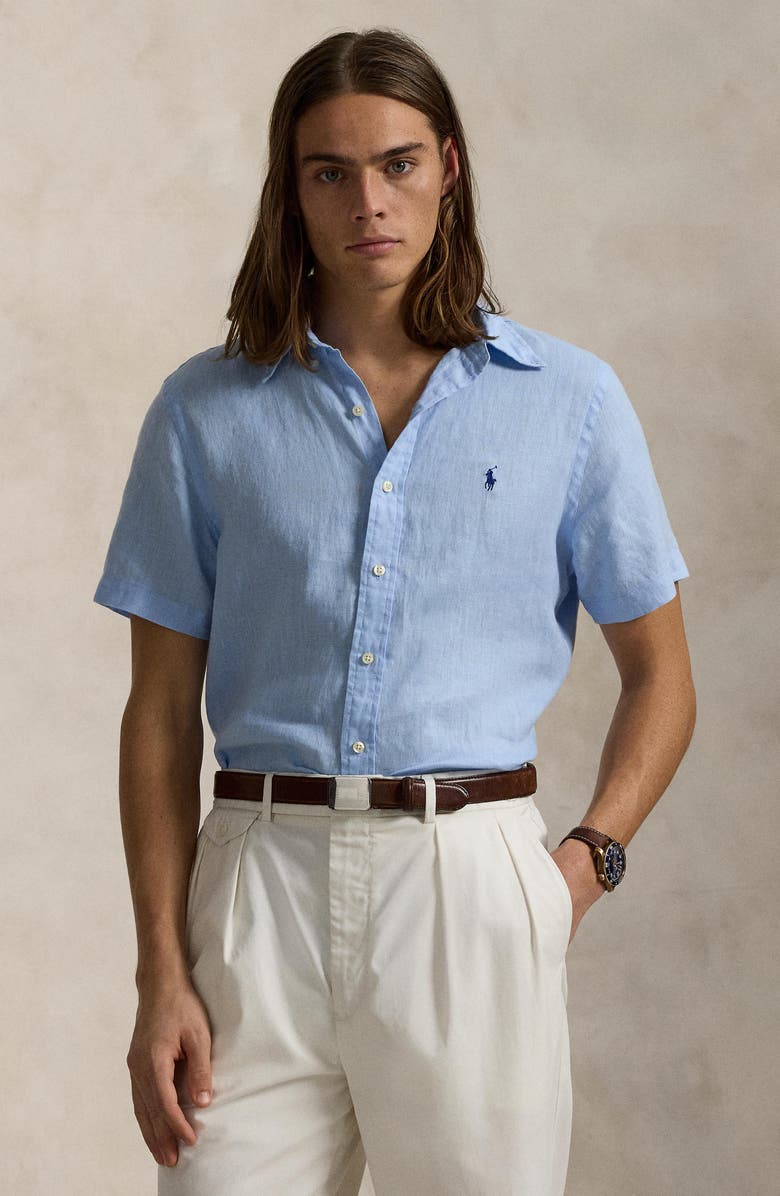 Polo Ralph Lauren Piece Dye Linen Short Sleeve Button-Down Shirt, Alternate, color, Blue