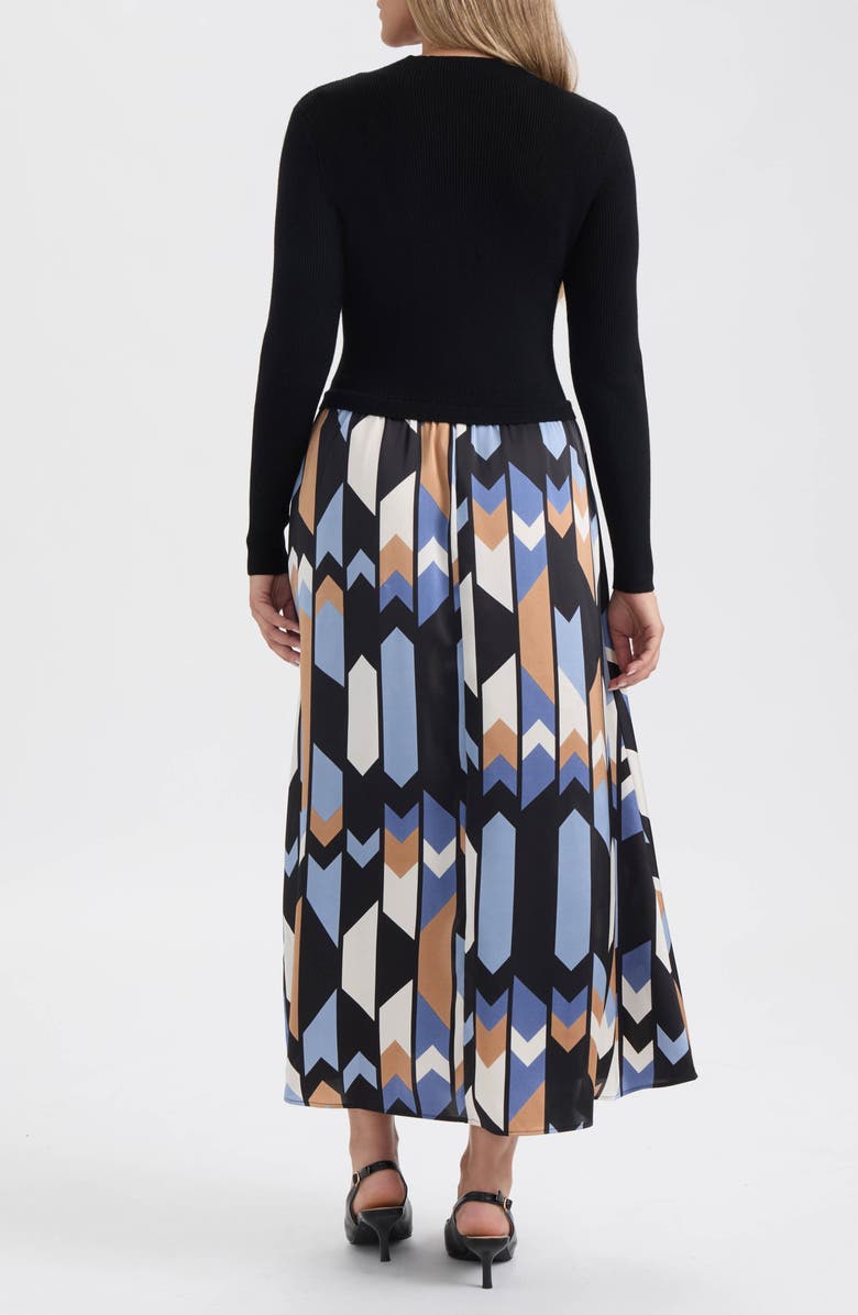 Ellen Tracy Mock Neck Long Sleeve Mixed Media Dress, Alternate, color, Black/ Blue Zig Zag