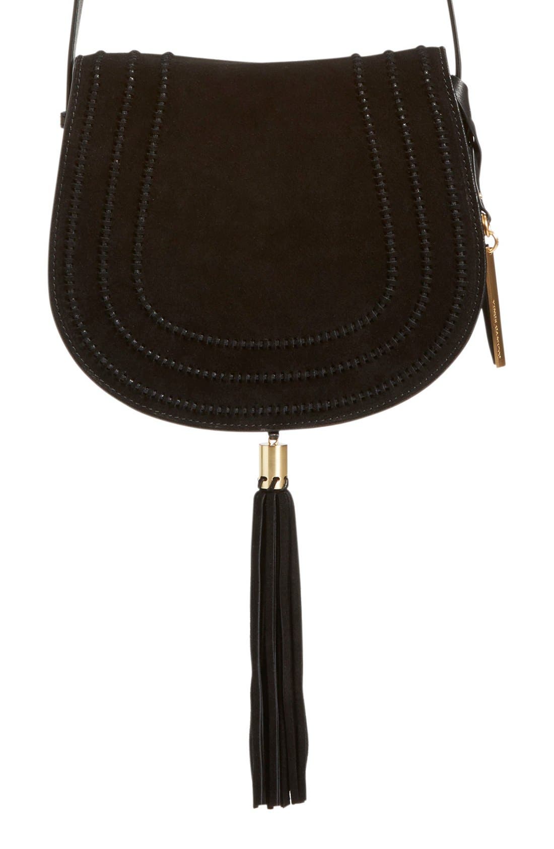 Vince Camuto 'Izzi' Tassel Leather & Suede Crossbody Bag, Main, color, 