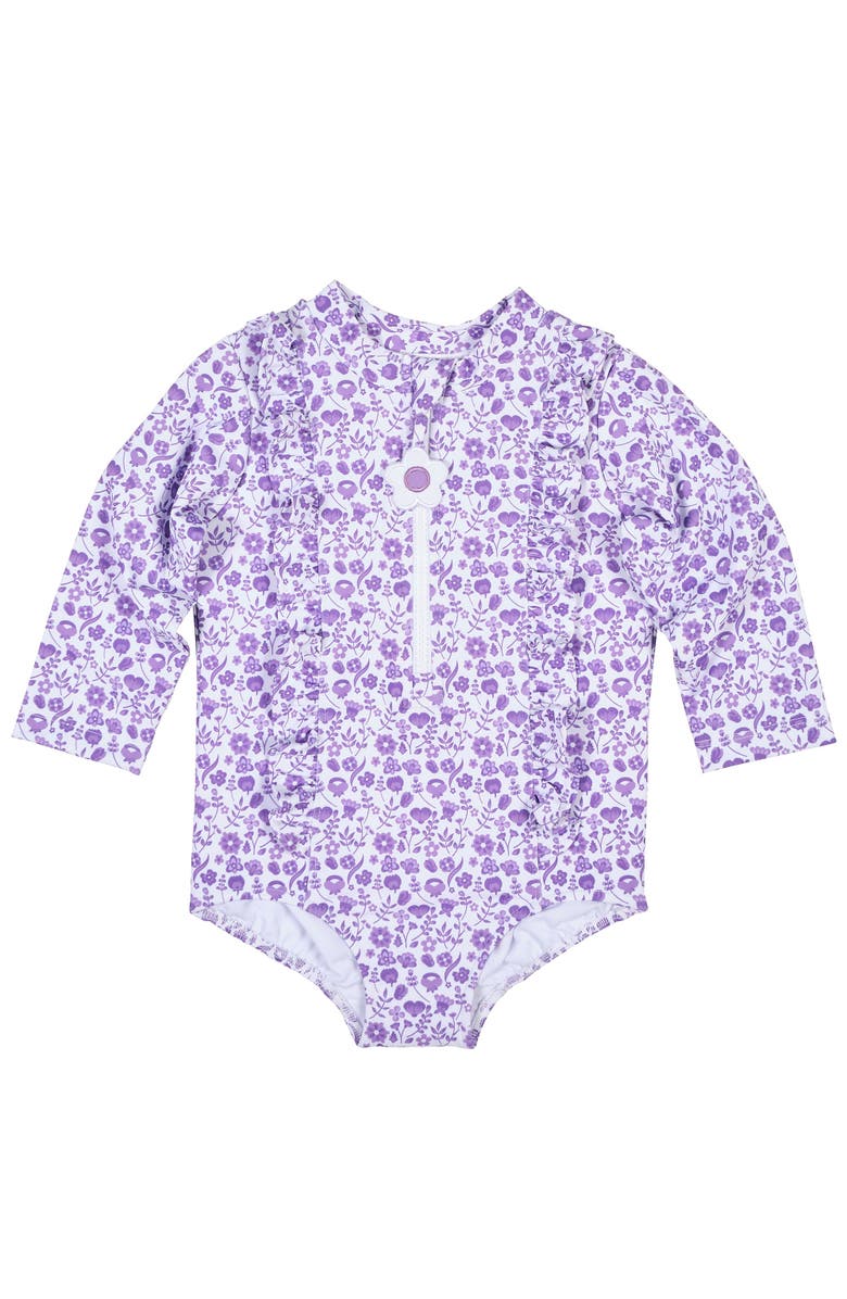 Florence Eiseman Floral Print One Piece Rashguard with Ruffles, Main, color, Purple/White
